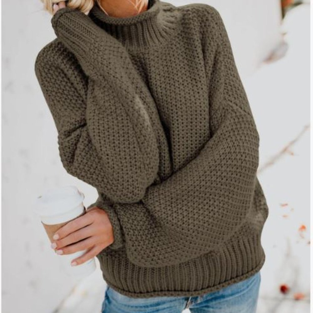Chunky Knit Turtleneck Oversized Sweater (Army Green)